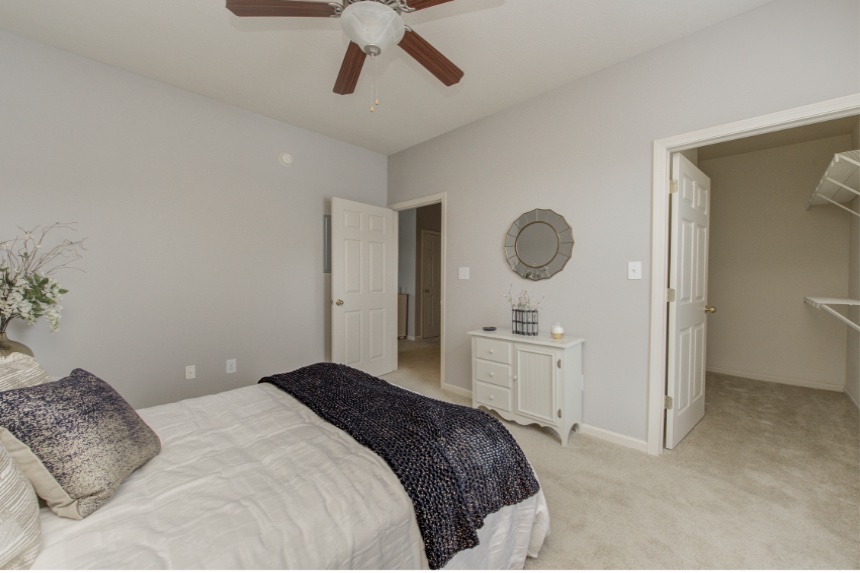 Model bedroom in a Greenwood apartment.