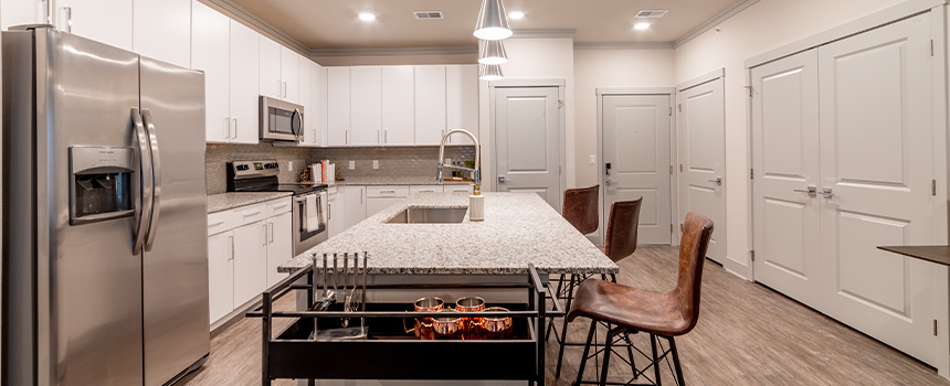 Spacious kitchen located at Verge Luxury Flats.