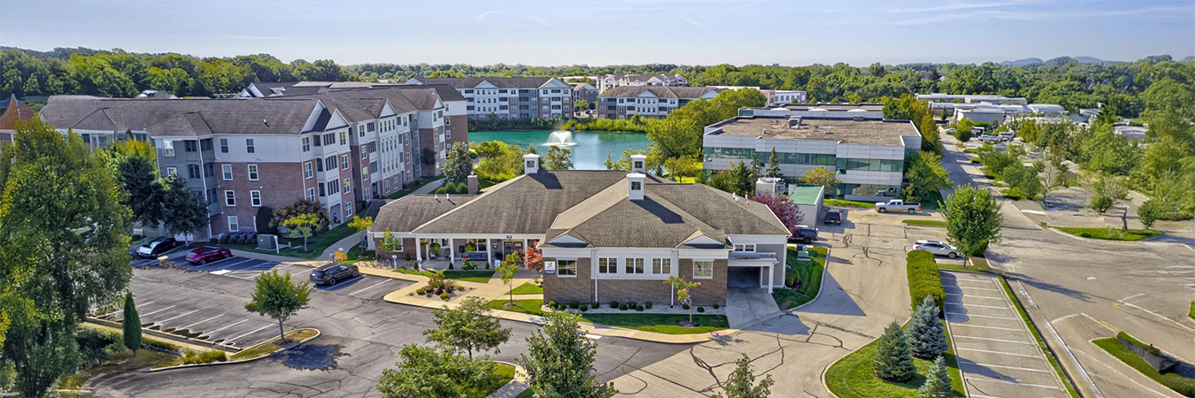 Leasing office exterior bird eye view on a sunny day